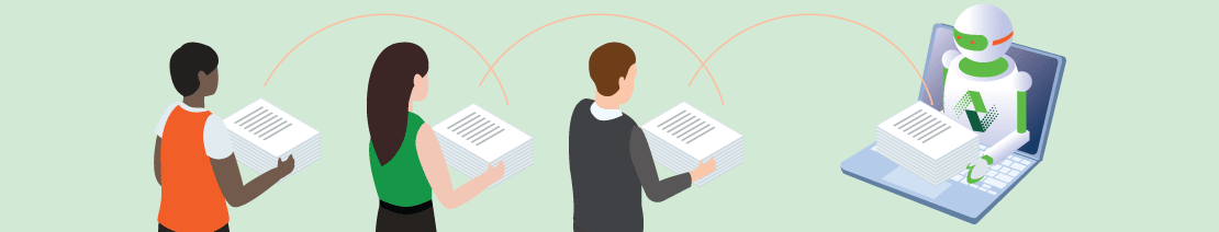 illustration of people feeding stacks of paper to a computer roboto