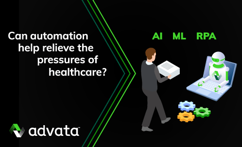 Headline reads Can automation help relieve the pressures of healthcare? Next to the headline are the acronyms AI, ML, and RPA. Beneath is an animated graphic  of a human holding stack of papers that move across the screen and towards a robot coming out of a laptop screen. 